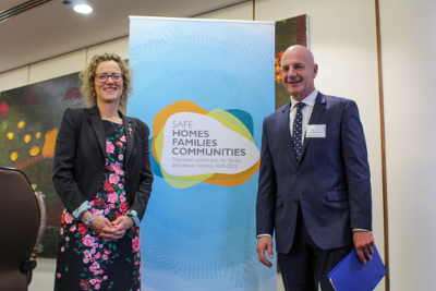 Photo showing Our Watch Chief Executive Officer Patty Kinnersly and Premier and Minister for the Prevention of Family Violence, Peter Gutwein MP st the launch of Our Watch Equality and Respect Standards 